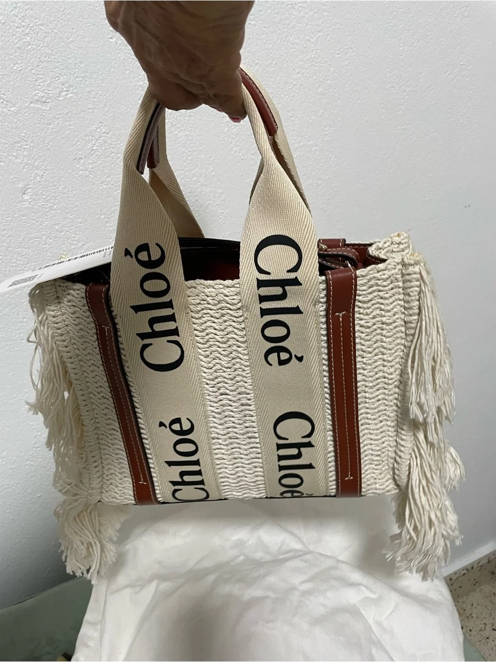 Chloé Natural crochet Tote with Branded Canvas Straps and Brown Leather Trim